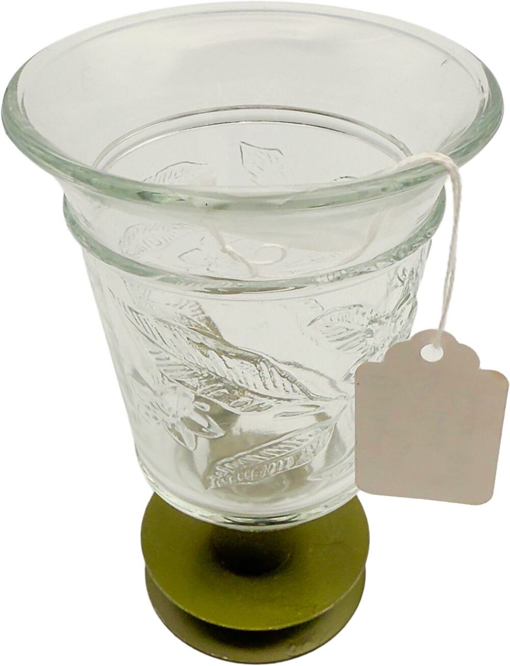 Vintage Home Interiors Pressed Glass Floral Candle Holder w/Green Brass Base
